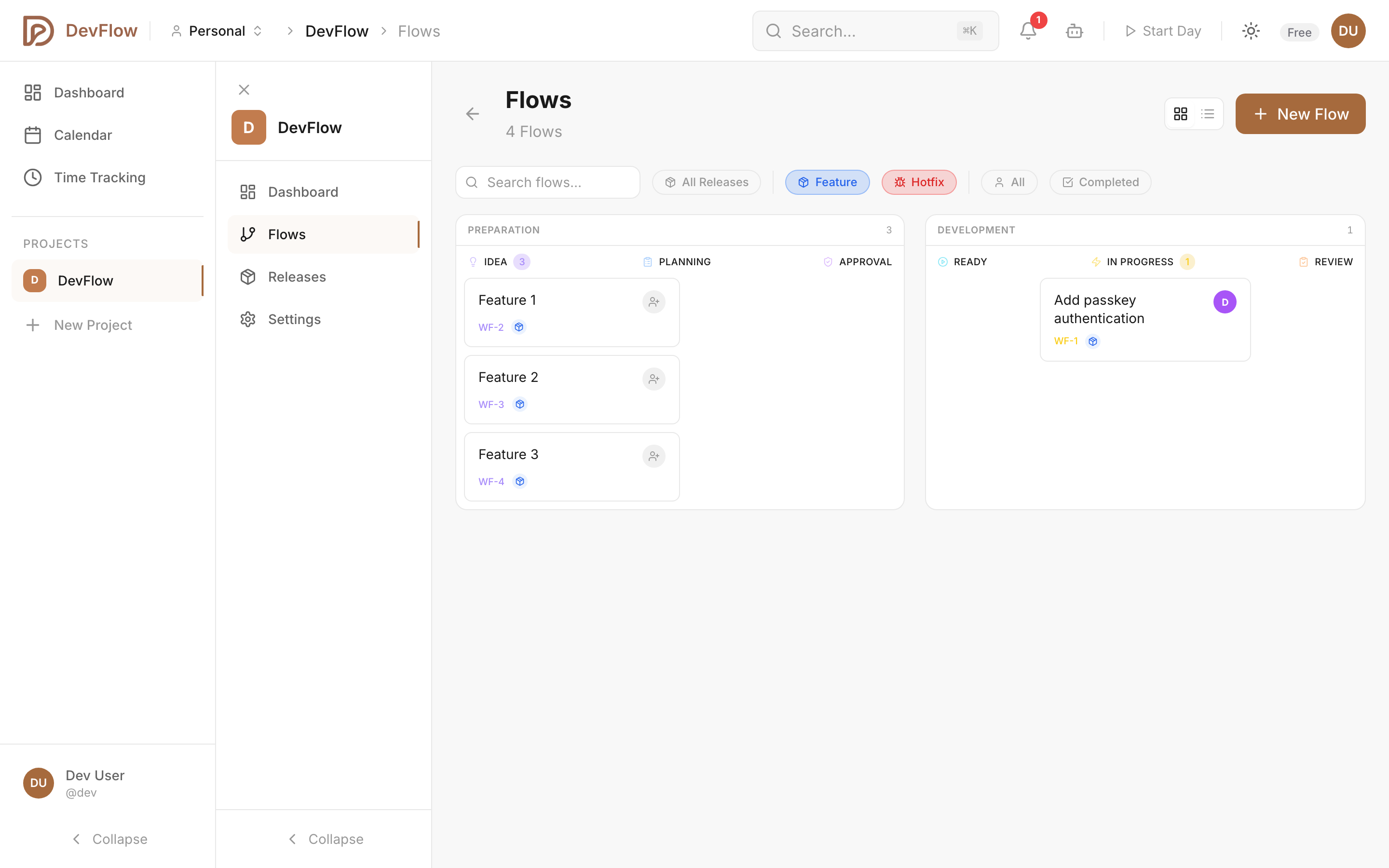 DevFlow dashboard with kanban board and flow states